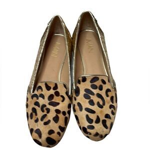 IMAN Faux Fur Leather Animal Print Gold Sparkle Loafers. Size 9.5.